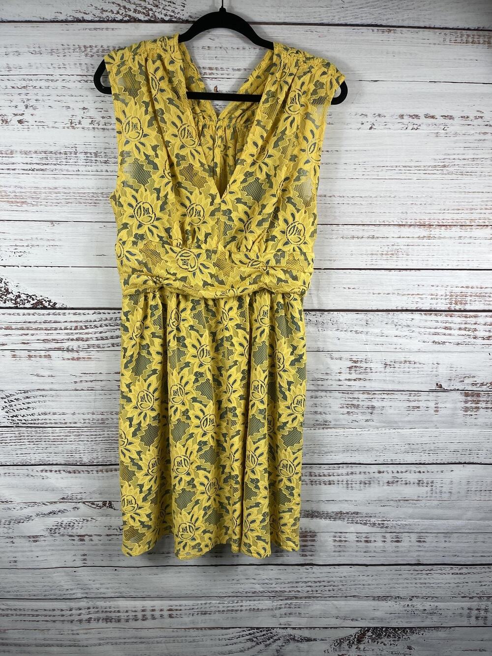 Plenty By Tracy Reese Dress Women's Size 2 Yellow Floral Lace Fit Flare V Neck
